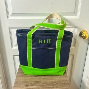 LANDS END canvas striped tote bag in green and navy blue